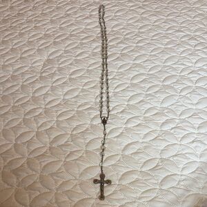INRI Elegant Rosary Necklace w/Silver Tone Cross, Chain and Accents Clear Beads
